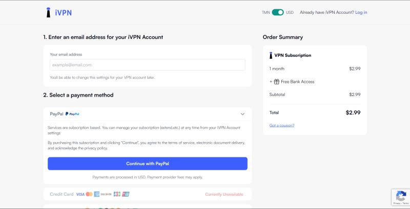 iVPN Panel Checkout Page - Desktop view